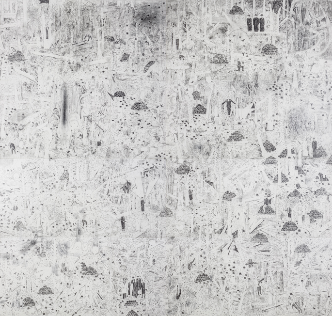 김미래, 39개의 돌무덤과 108마리의 까마귀들, 2019, 종이에 연필, 먹지, 120x126cm