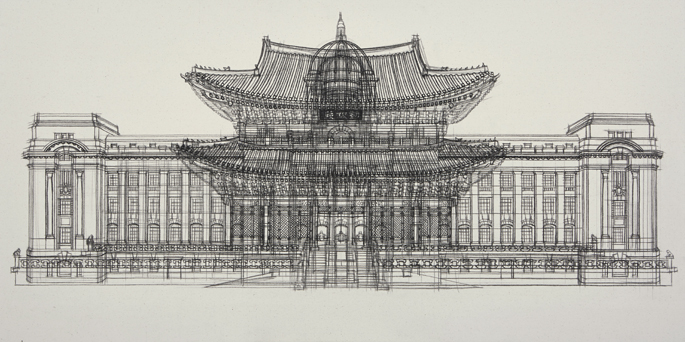 이여운, 기념비_경복궁, 2017, 캔버스천에 수묵, 81x162cm