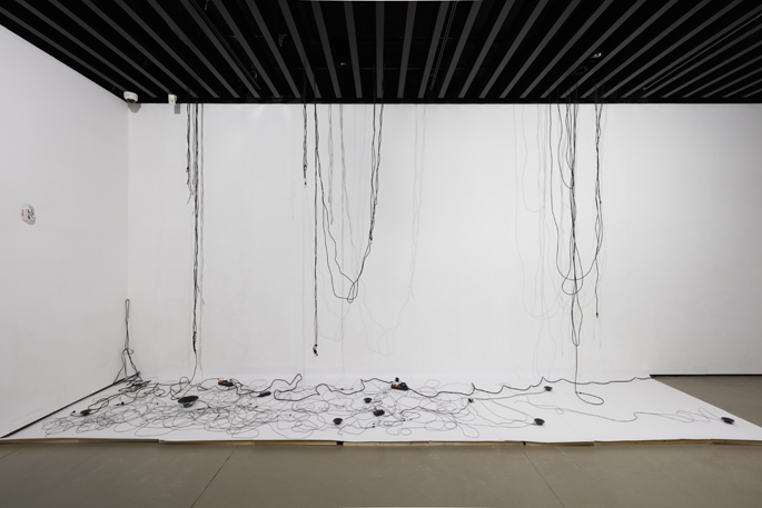 Drawing N°4, 2018, audio cables, speakers, paper, iphone, dimensions variable 2018
