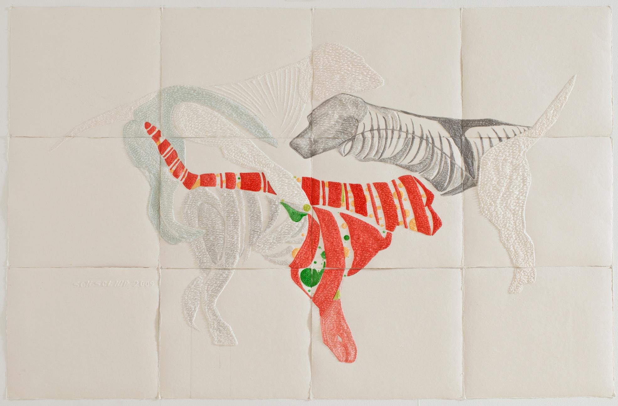 꼬리물기_한지에혼합재료뜯어내기_138x212cm_2009
